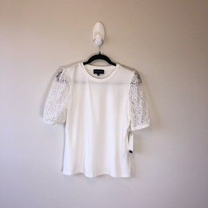 Premise White Cotton Blend Short Sleeve T-shirt Lace Puff Sleeve Medium NWT’s